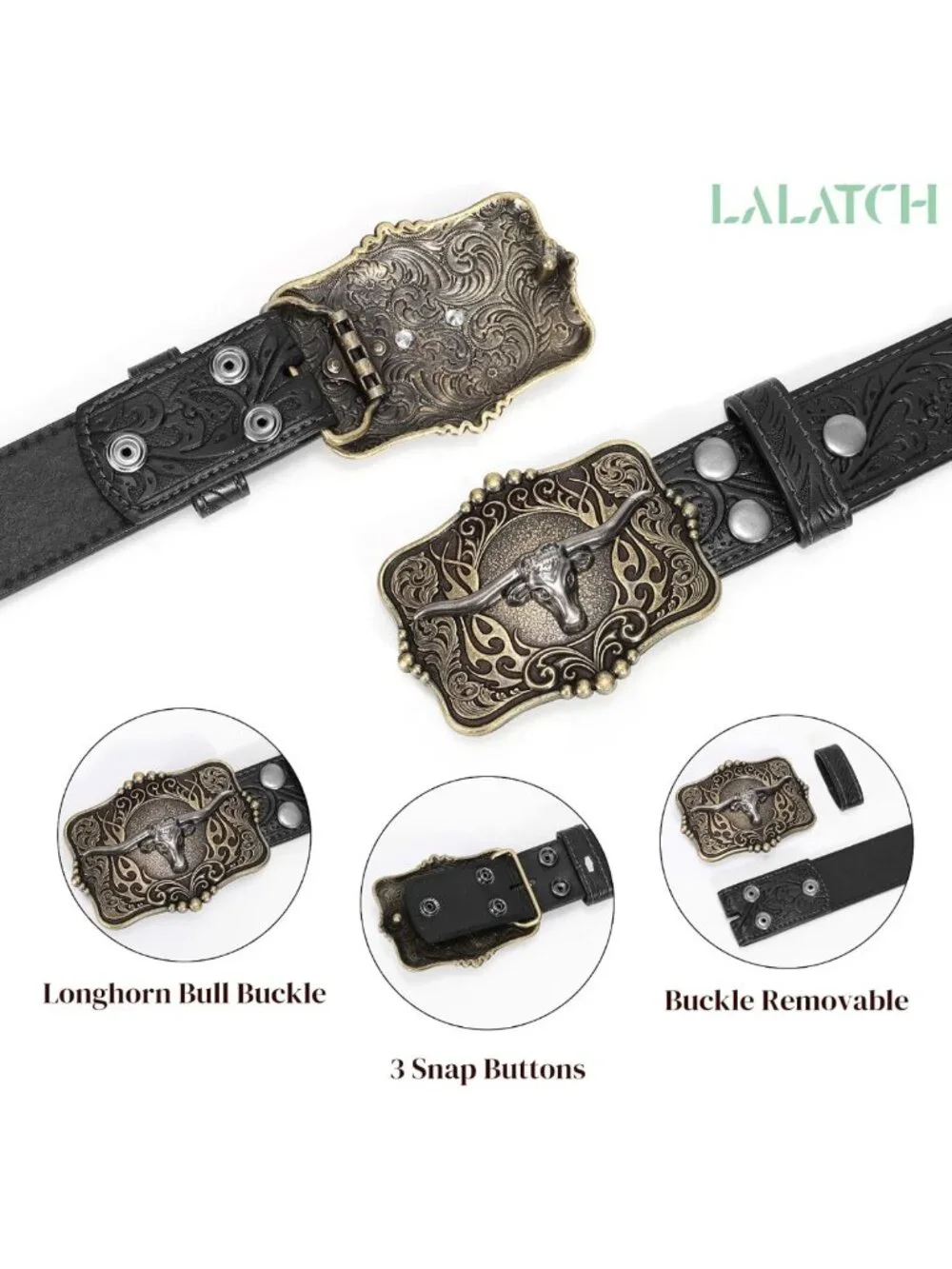 Stylish Embossed Leather Cowboy Western Belt for Men & Women with Longhorn